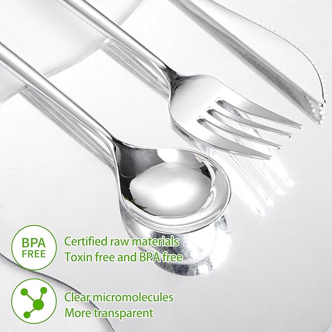 SUT 600PCS Heavy Duty Disposable Silverware - Includes 200 Knives, Forks and Spoons - Silver Plastic Utensils Set for Party/Wedding