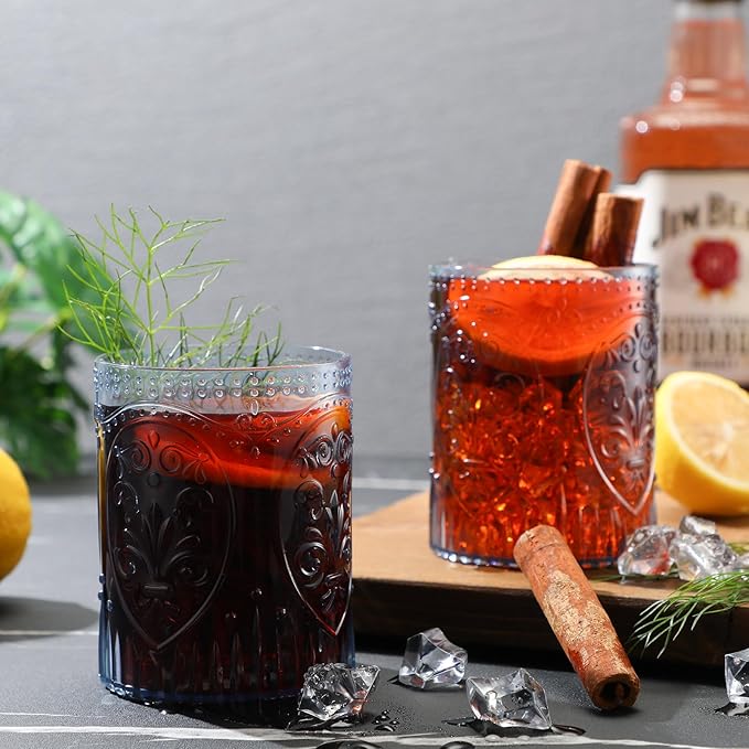 48 Plastic Vintage Drinking Glasses 8.5oz Stemless Retro Embossed Wine Glasses Shatterproof Reusable Cups for Baby Shower Wedding Reception Grand Event Party (Blue)