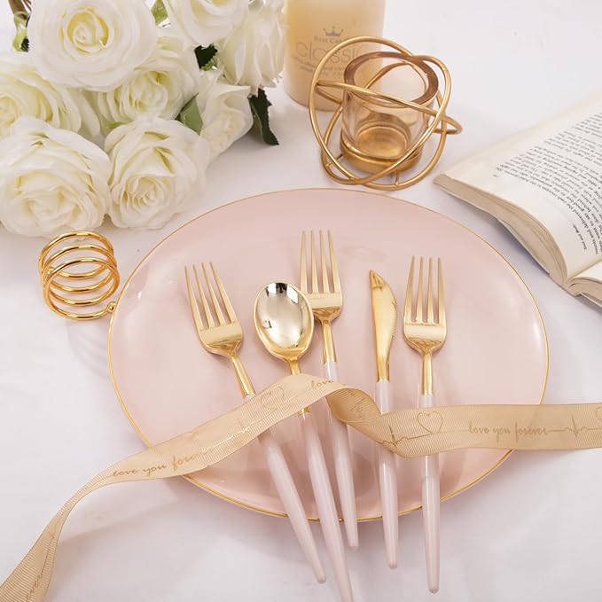 I00000 300 Pack Gold Silverware with Pink Handle, Pink Plastic Utensils Set, Disposable Cutlery include100 Forks, 100 Knives, 100 Spoons,Plastic Cutlery Set for Wedding & Party