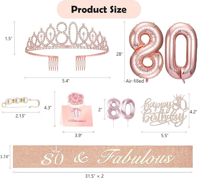 80th Birthday Gifts Decorations for Women, Including 80 year old Birthday Cake Topper, Queen Sash with Pearl Pin, Sweet Rhinestone Tiara Crown, Number Candles and Balloons Set, Rose Gold