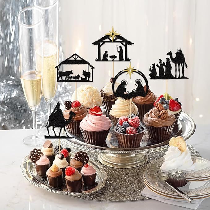 30Pcs Christmas Nativity Cupcake Toppers Black Glitter Holy Cake Decoration Christmas Jesus Decorations for Nativity Scene Holy Family Religious Birthday Party Decorations