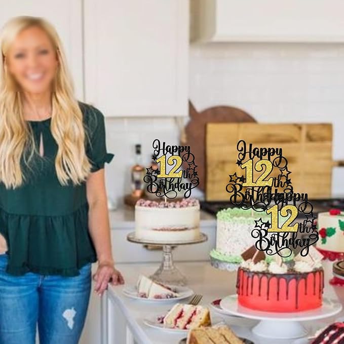 1 PCS Happy 12th Birthday Cake Topper Black Gold Glitter Cheers to 12 Years Birthday Cake Pick Hello 12 Fabulous Cake Decoration for Happy 12th Birthday Anniversary Party Decorations Supplies