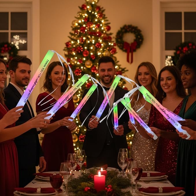 100 Pack Colorful LED Party Foam Light Sticks Batons with Triple Ribbon Christmas Holiday Celebrating Wands 3 Color Lighting Modes for Guests Send Off, Wedding, Festivals, Birthday Party