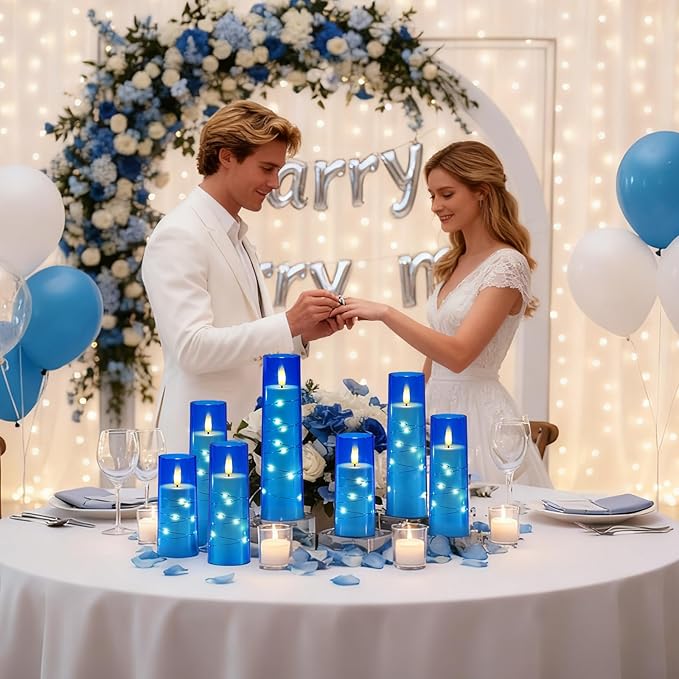 Raycare Flameless Candle with Remote Timer – 5 Flickering Acrylic Battery Operated LED Pillar Candles with Embedded Star String for Christmas, Home Decor, and as a Gift(Blue)