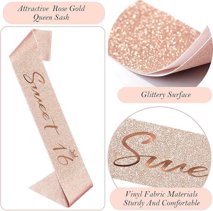 Sweet 16 Birthday Party Decorations for Girls, Sweet 16 Sash and Tiara, Cake Toppers, Number Candles and Balloons, 16th Birthday Gifts for Girls