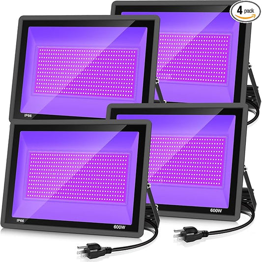 600W 4 Pack LED Black Light,395nm to 405nm LED UV Blacklight, IP66 Waterproof Black Flood Light Outdoor with Plug and SwitchNeon Glow for Glow Party, Halloween, Fluorescent Poster, Body Paint