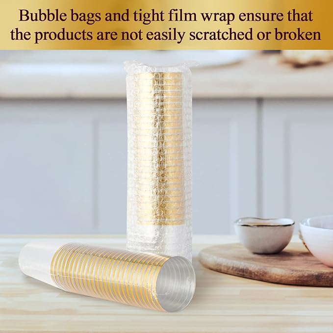 Vplus 150 Pack 12 OZ Reusable Gold Rimmed Clear Plastic Cups, Disposable Heavy Duty Plastic Cups Perfect for Party Christmas Wedding