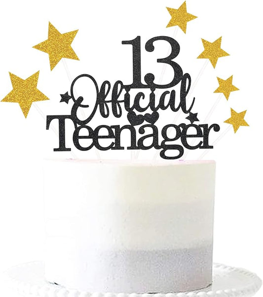 Glittery 13 Ofiicial Teenager Cake Topper with Star,13th Happy Birthday Cake Topper Party Decorations Party Supplies for Boys Girls Black Gold