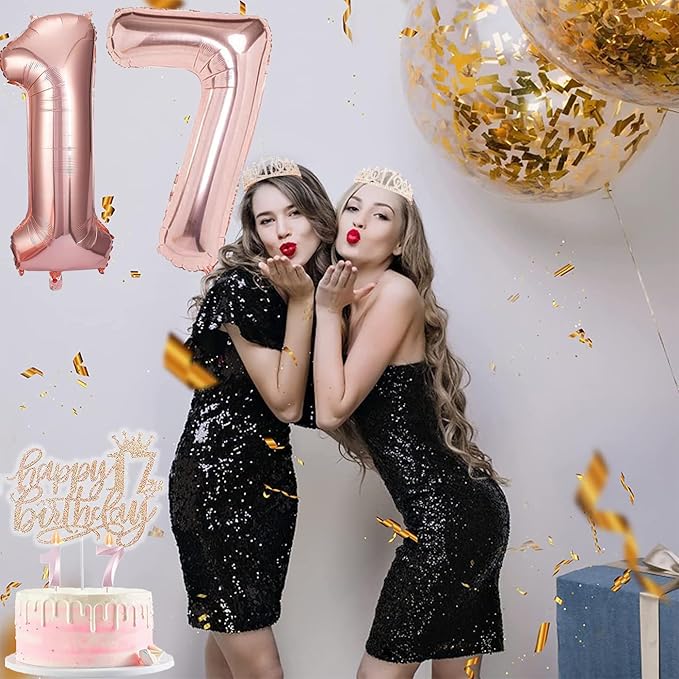 17th Birthday Decorations for Girls, 17th Birthday Sash and Crown, Cake Topper, Number Candles and Balloons, 17 Year Old Gifts for Girls