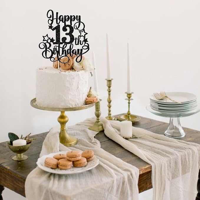 1 PCS Happy 13th Birthday Cake Topper Glitter Cheers to 13 Years Birthday Cake Pick Hello 13 Fabulous Cake Decoration for Happy 13th Birthday Anniversary Party Decorations Supplies Black