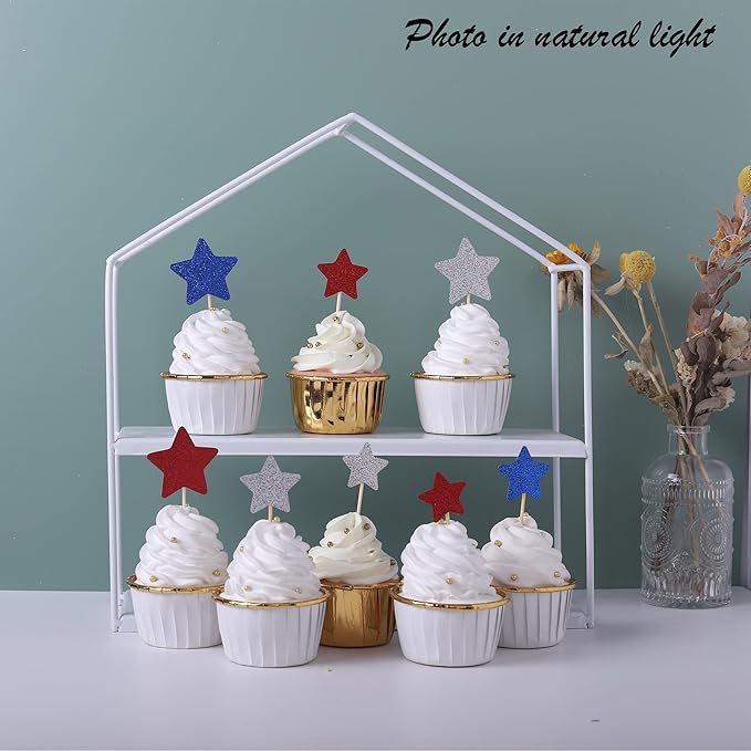 30 PCS Independence Day Cupcake Toppers Glitter Blue Red Silver Twinkle Little Star Cupcake Picks Wedding Bridal Shower Baby Shower Birthday American National Party Cake Decorations Supplies