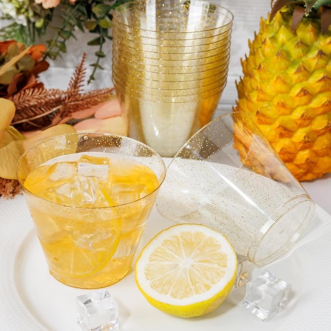 I00000 100pcs Gold Plastic Cups - 9 OZ Hard Gold Glitter Disposable Cups for Cocktail And Drinking - Premium Disposable Plastic Cups with Gold Glitter for Fancy Wedding & Elegant Party Cups