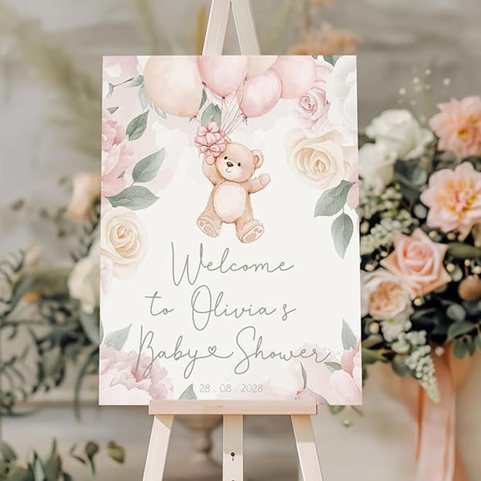Pink Teddy Bear Baby Shower Welcome Sign, We can Bearly Wait Baby Shower Sign, Boho Teddy Bear Cute Baner #17