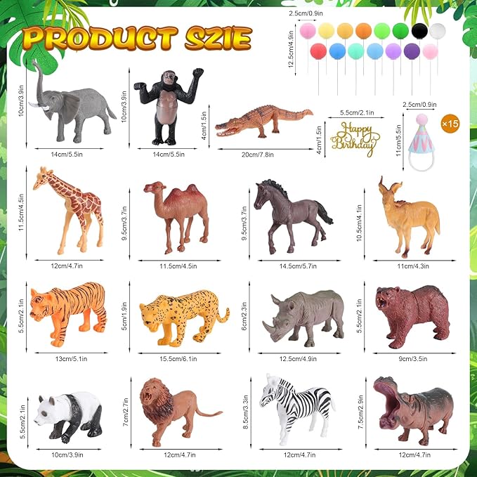 46 PCS Jungle Animal Birthday Party Decorations, Safari Animal Toys Figures Kit with 15 SafariAnimal Figurines, 15 Mini Hats & 15 Balloons, 1 Cake Toppers for Birthday Party Supplies