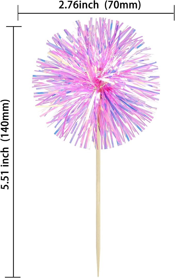 Ephlyn 30Pcs Foil Firework Cupcake Toppers Party Birthday Cake Toppers Supplies Sparkle Tinsel Cocktail Fruit Toothpick for Birthday Wedding Graduation Party Rose Red