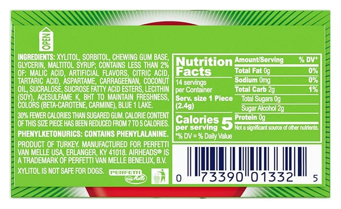 Airheads Chewing Gum, Sugar Free Gum with Micro-Candies, Individually Wrapped Christmas Stocking Stuffers for Adults & Kids, Watermelon Flavor Artificially Flavored, 14 Sticks (12-Pack)