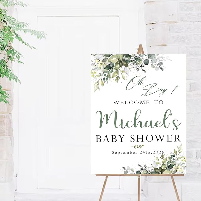 Greenery Baby Shower Sign - Rustic Welcome Decoration for Boy, Leaves Theme