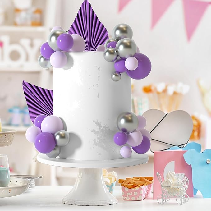 NEBURORA 64 Pcs Balls Cake Toppers and Leaves Decoration Set Mini Balloons for Cake Decorating Supplies Balls Cake decorations for Baby Shower Cake Toppers Birthday Cake Decoration(Purple Silver)