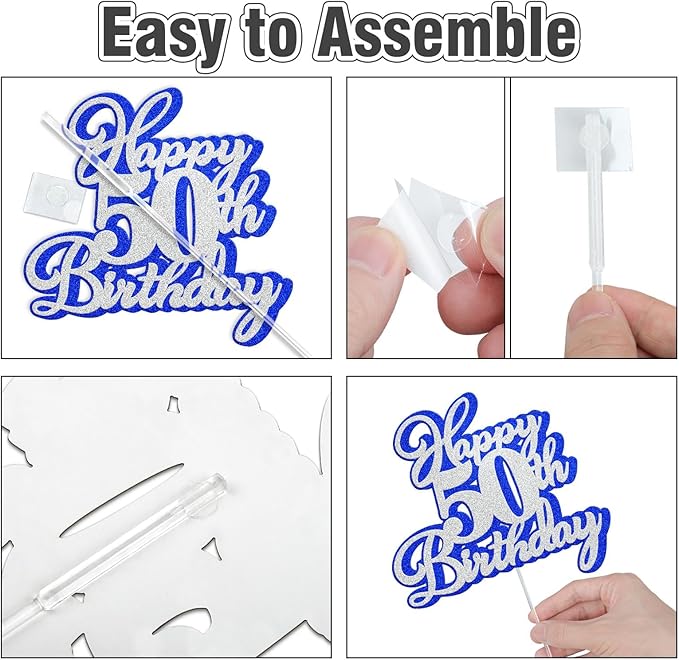 Happy 50th Birthday Cake Topper 50 Birthday Cake Decorations, Happy 50th Birthday Anniversary Party Cake Decorations for Men Women, Blue Silver Glitter