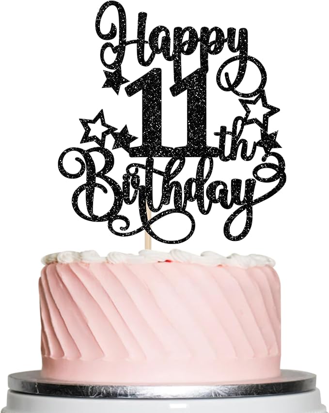 1 PCS Happy 11th Birthday Cake Topper Glitter Cheers to 11 Years Birthday Cake Pick Hello 11 Fabulous Cake Decoration for Happy 11th Birthday Anniversary Party Decorations Supplies Black