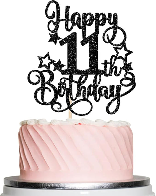 1 PCS Happy 11th Birthday Cake Topper Glitter Cheers to 11 Years Birthday Cake Pick Hello 11 Fabulous Cake Decoration for Happy 11th Birthday Anniversary Party Decorations Supplies Black