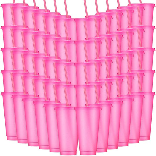 Honeydak 60 Pack Tumbler with Straw and Lid Bulk Glitter Plastic Cups Water Bottle Iced Coffee Travel Mug Reusable Party Favor Cups for Birthdays travel 24-27 oz (Hot Pink)