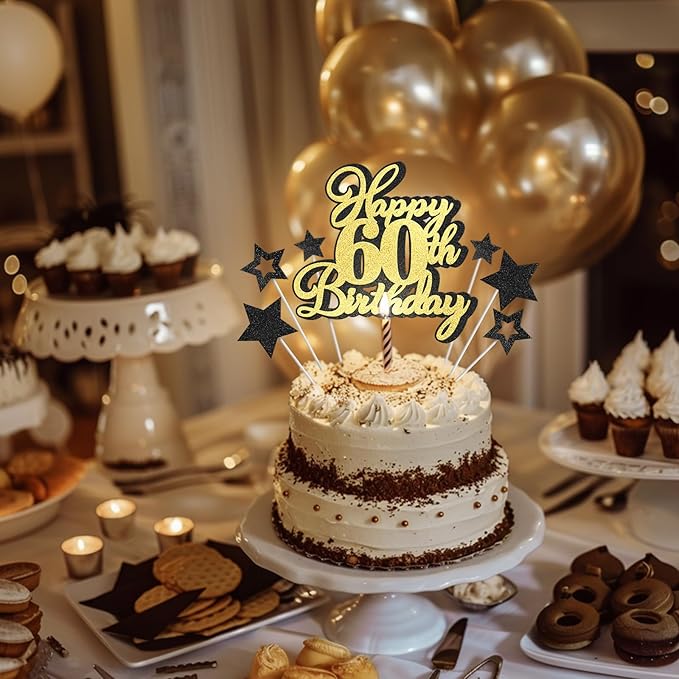 Happy 60th Birthday Cake Topper 60 Birthday Cake Decorations, Happy 60th Birthday Anniversary Party Cake Decorations for Men Women, Black Gold Glitter