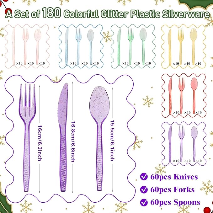 180Pcs Rainbow Red Green Yellow Blue Purple Plastic Silverware Heavy Duty Disposable Flatware Cutlery Set Includes Forks Spoons Knives for Rainbow-Themed Birthday Halloween Pride Party