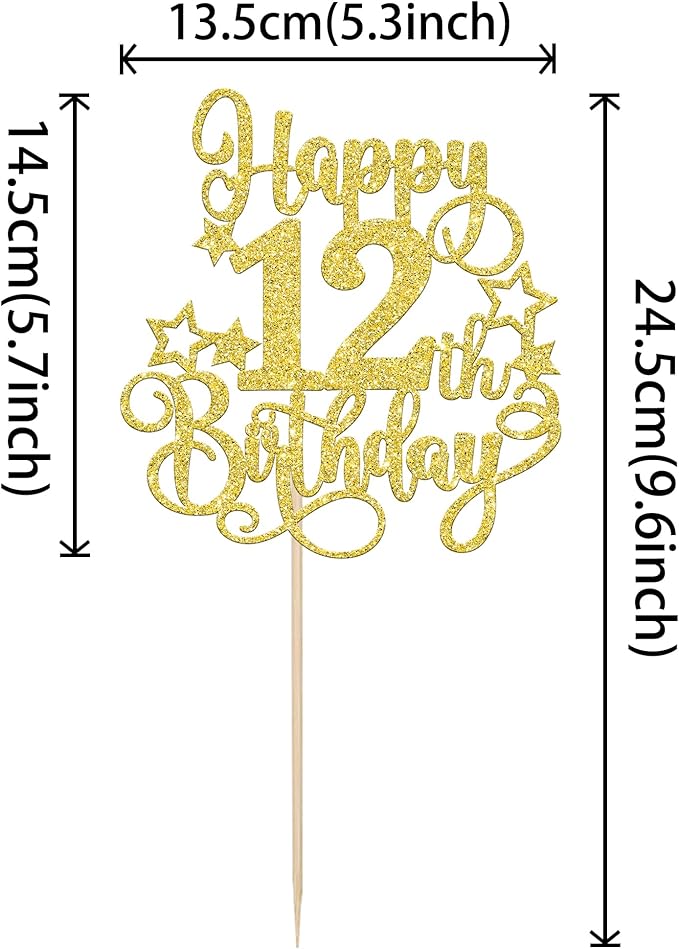 1 PCS Happy 12th Birthday Cake Topper Glitter Cheers to 12 Years Birthday Cake Pick Hello 12 Fabulous Cake Decoration for Happy 12th Birthday Anniversary Party Decorations Supplies Gold