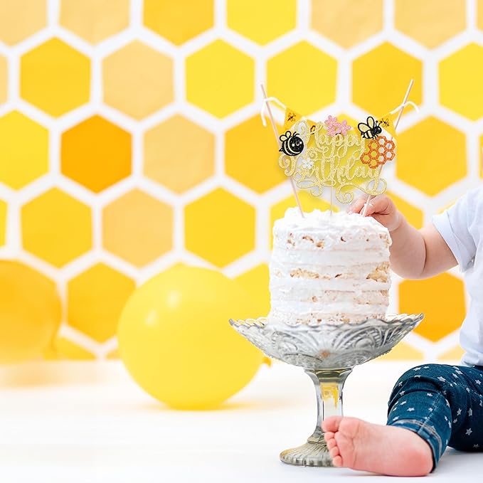 1 Pack Happy Bee Day Cake Topper Bumble Bee Happy Birthday Cake Decoration for Bee Theme Baby Shower Kids Boys Girls Birthday Party Cake Decorations Supplies Gold