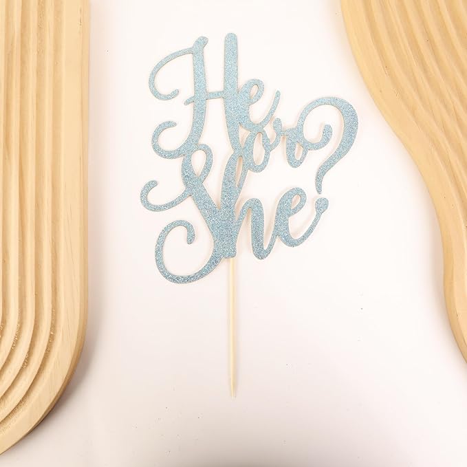 He or She Cake Topper - Glitter Gold Gender Reveal Cake Topper Decorations, Suitable for Baby Shower Favors, Baby Gender Reveal, Baby Birthday Party or Baby Photo Booth Props (Sky Blue)