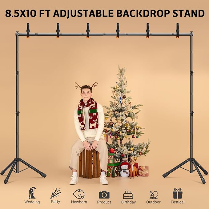 3-in-1 Backdrop Stand Kit 10x8.5 ft for Photography Studio, T-Shape Backdrop Stand for Wedding Parties, Background Stand for Photo Video Studio with Carring Bag, 6 Clamps, 2 Sandbags