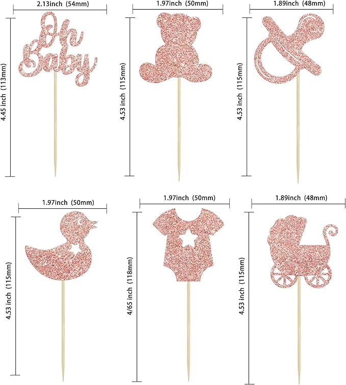 Gyufise 36Pcs Baby Shower Cupcake Toppers Glitter Pacifier Baby Carriage Bear Oh Baby Cupcake Picks for Gender Reveal Baby Shower Kids Birthday Party Supplies Rose Gold