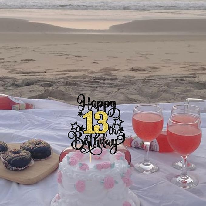 1 PCS Happy 13th Birthday Cake Topper Black Gold Glitter Cheers to 13 Years Birthday Cake Pick Hello 13 Fabulous Cake Decoration for Happy 13th Birthday Anniversary Party Decorations Supplies