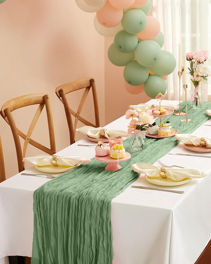 Pureegg 2-Pack Cheese Cloths Table Runner, 120'' Boho Table Cloth Decorations for Party, Baby Shower, Wedding and Farmhouse, Fabric Room Decor, Sage Green