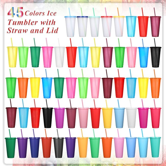 Honeydak 60 Pack Tumbler with Straw and Lid Bulk Glitter Plastic Cups Water Bottle Iced Coffee Travel Mug Reusable Party Favor Cups for Birthdays travel 24-27 oz (Shiny Color)