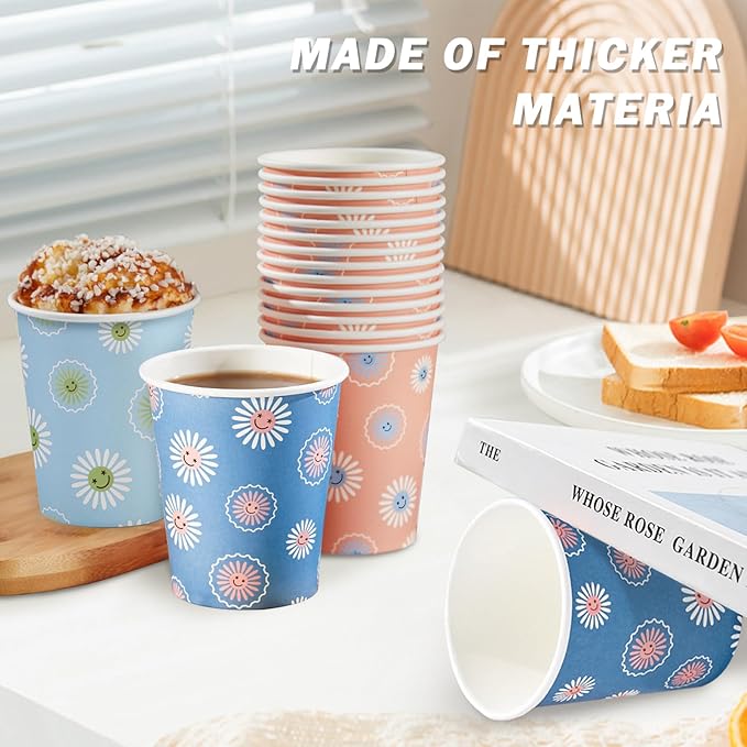 SIUQ 300 Pack Paper Cups 8 oz, Disposable Coffee Cups, Paper Coffee Cups 8 oz, Colourful Hot/Cold Beverage Drinking Cup for Water Juice or Tea, Office Party Home Travel - Daisy