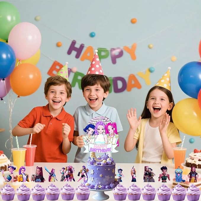 Cute Cartoon Happy Birthday Cake Toppers Set with 24Pcs Cupcake Toppers, 1Pcs Happy Birthday Cake Topper, Movies Themed Birthday Party Supplies, Perfect for Party Decorations