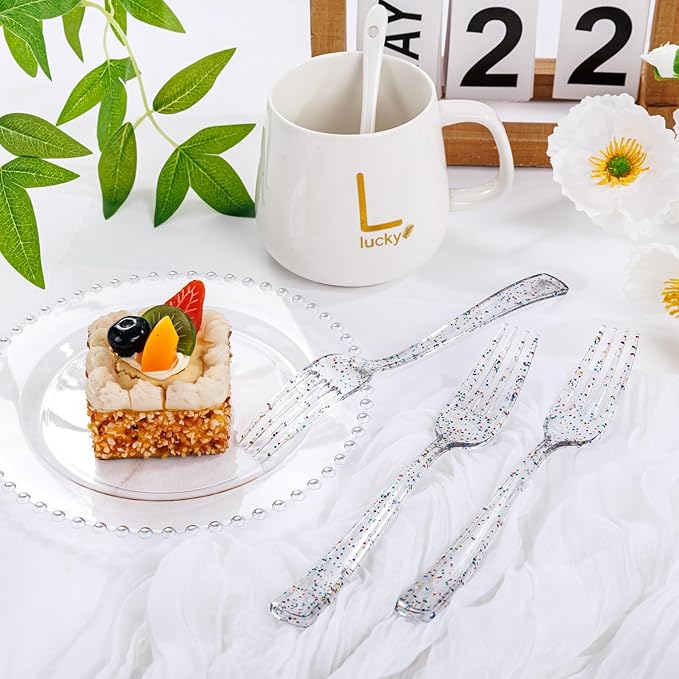 Supernal 360pcs Glitter Disposable Plastic Forks,Plastic Silverware Heavy Duty,Clear Plastic Forks,Glitter Disposable Cutlery for Birthdays, Parties, Bridal Shower and Weddings
