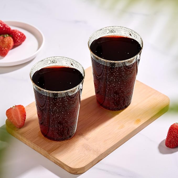 Vplus 100 Count 14 OZ Gold Glitter Heavy Duty Large Plastic Cups, Disposable Plastic Glasses Tumblers, Elegant Wedding Birthday Christmas Party Cups