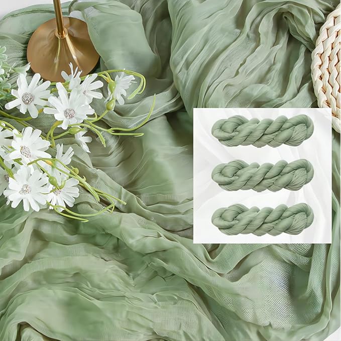 FEXIA 3 Pack Sage Green Table Runner 35x120 Inches for Baby Shower Decoration Gauze Rustic Table Runner for Wedding Party First Communion Centerpiece Engagement Bridal Shower Boho Decoration