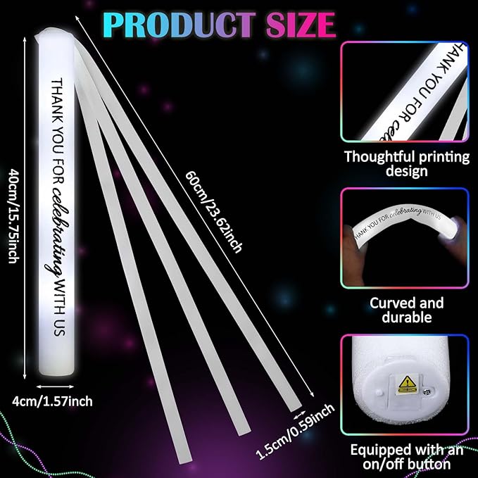 50 Pack White LED Party Foam Light Sticks Batons with Triple Ribbon Wedding Thank You Celebrating Wands 3 Color Lighting Modes for Guests Send Off, Christmas, Festivals, Birthday Party