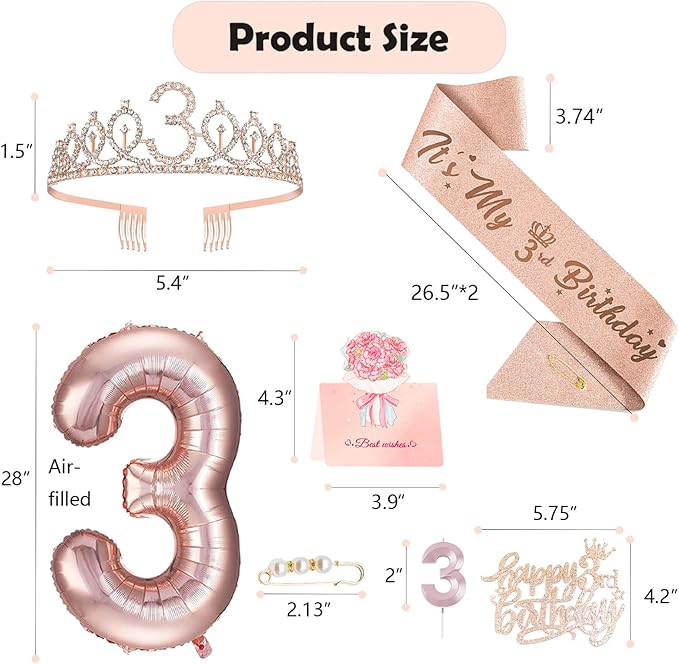 3rd Birthday Decorations for Girls, Including 3 year old Birthday Cake Topper, Queen Sash with Pearl Pin, Sweet Rhinestone Tiara Crown, Number Candles and Balloons Set, Rose Gold