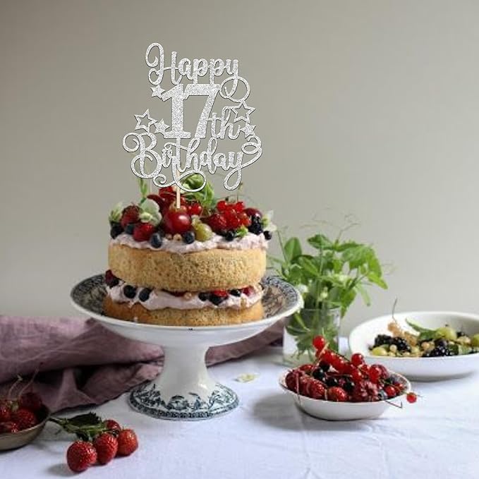 1 PCS Happy 17th Birthday Cake Topper Glitter Cheers to 17 Years Birthday Cake Pick Hello 17 Fabulous Cake Decoration for Happy 17th Birthday Anniversary Party Decorations Supplies silver