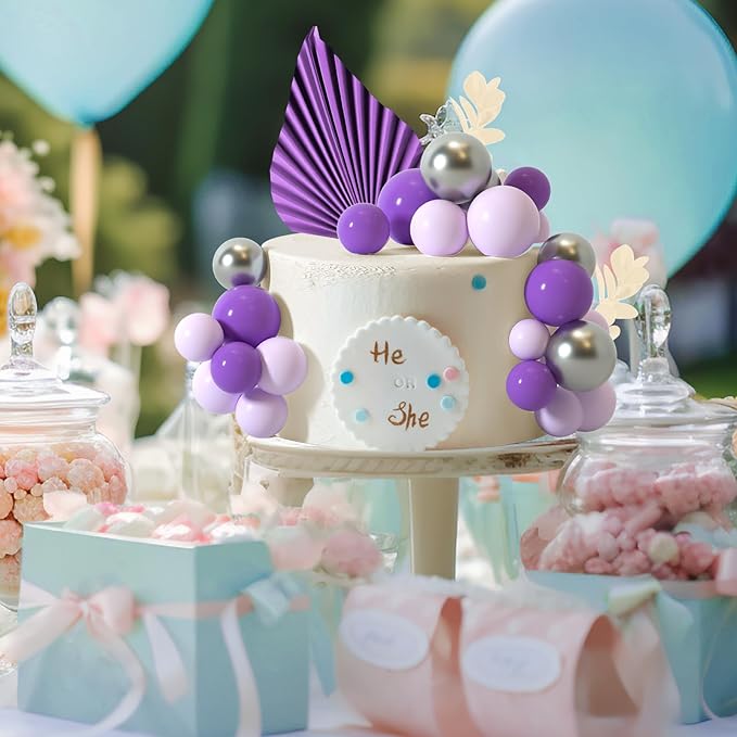 NEBURORA 64 Pcs Balls Cake Toppers and Leaves Decoration Set Mini Balloons for Cake Decorating Supplies Balls Cake decorations for Baby Shower Cake Toppers Birthday Cake Decoration(Purple Silver)