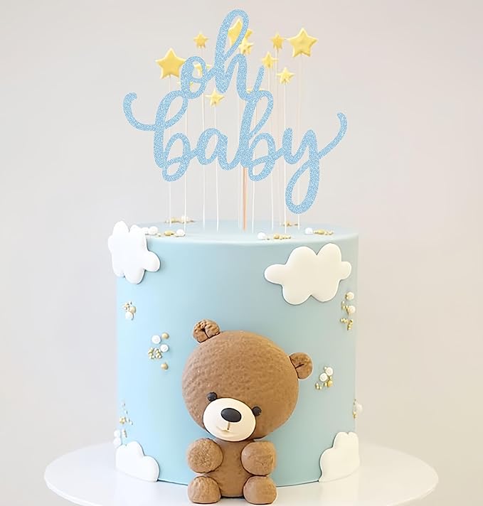 Oh Baby Cake Topper - Glitter Light Blue Baby Shower Cake Decoration Supplies, for Baby Shower/Gender Reveal Party/Baby Birthday Party Photo Booth Props