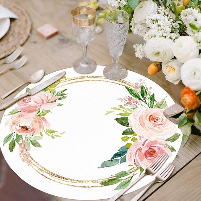 50 Pack Paper Placemats Disposable Pink Floral Wedding Disposable Placemats 13.7 Inch Rose Floral Round Place Mats Spring Summer Table Mats for Birthday Wedding Anniversary Bride Party Supplies