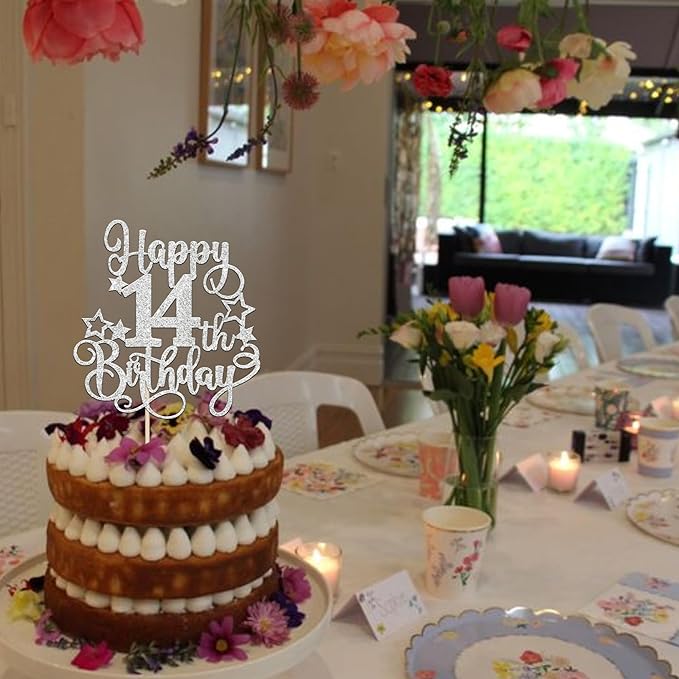 1 PCS Happy 14st Birthday Cake Topper Glitter Cheers to 14 Years Birthday Cake Pick Hello 14 Fabulous Cake Decoration for Happy 14st Birthday Anniversary Party Decorations Supplies silver