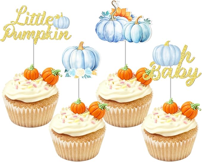 Little Pumpkin Cupcake Toppers, 24 Pcs Pumpkin Cupcake Picks Little Pumpkin Baby Shower Decorations Little Pumpkin Baby Shower Party Supplies