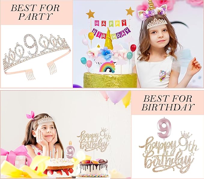 9th Birthday Decorations for Girls, Including 9 year old Birthday Cake Topper, Queen Sash with Pearl Pin, Sweet Rhinestone Tiara Crown, Number Candles and Balloons Set, Rose Gold